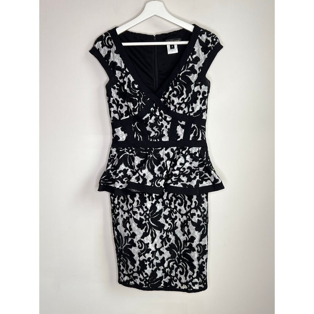 Tadashi Shoji Cap Sleeve V-Neck Lace Peplum Formal Dress Black/White Women US 4